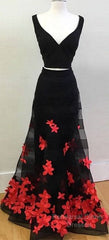 Black Two Pieces Applique Long Semi Formal Prom Dress, Black Evening Dress