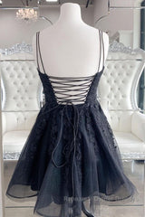 Black V Neck Backless Lace Short Semi Formal Prom Dresses, Backless Black Lace Homecoming Dresses, Black Lace Formal Evening Dresses