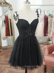 Black V Neck Beaded Tulle And Lace Semi Formal Prom Dress, Cute Black Homecoming Dress