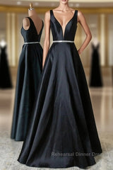 Black V Neck Beading Satin Semi Formal Prom Dress