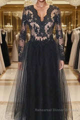 Black v neck lace tulle long evening Dresses black lace Semi Formal Prom Dresses