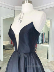 Black v neck satin long Semi Formal Prom Dresses, black evening Dresses