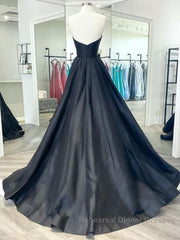 Black v neck satin long Semi Formal Prom Dresses, black evening Dresses