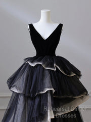 Black V Neck Tulle Long Semi Formal Prom Dress, Black Long Evening Dress