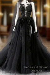 Black V-Neckline Backless Tulle With Lace Party Dress, Black Long Semi Formal Prom Dress