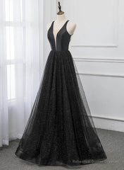 Black V-neckline Tulle and Satin Long Straps Cross Back Prom Dress, Floor Length Evening Dress