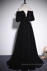 Black V-Neckline Velvet Off Shoulder Party Dress, A-Line Black Semi Formal Prom Dress Evening Dress