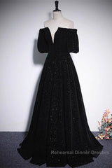 Black V-Neckline Velvet Off Shoulder Party Dress, A-Line Black Semi Formal Prom Dress Evening Dress