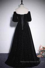 Black V-Neckline Velvet Off Shoulder Party Dress, A-Line Black Semi Formal Prom Dress Evening Dress