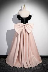 Black Velvet And Pink Satin Long Semi Formal Prom Dress, Beautiful A-Line Evening Party Dress With Bow