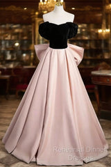 Black Velvet And Pink Satin Long Semi Formal Prom Dress, Beautiful A-Line Evening Party Dress With Bow