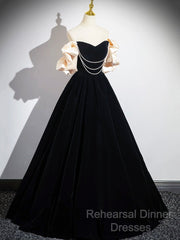 Black Velvet Floor Length Semi Formal Prom Dress, Off The Shoulder A-Line Evening Party Dress