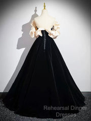 Black Velvet Floor Length Semi Formal Prom Dress, Off The Shoulder A-Line Evening Party Dress