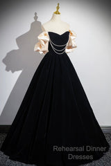 Black Velvet Long A-Line Semi Formal Prom Dress, Off The Shoulder Evening Party Dress