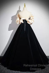 Black Velvet Long A-Line Semi Formal Prom Dress, Off The Shoulder Evening Party Dress