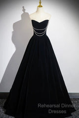 Black Velvet Long A-Line Semi Formal Prom Dress, Off The Shoulder Evening Party Dress