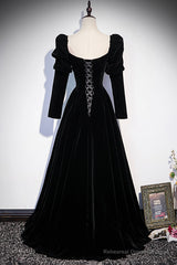 Black Velvet Long Sleeve Prom Dress, A-Line Evening Party Dress