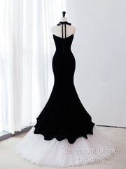 Black/White Velvet Mermaid Long Semi Formal Prom Dress, Black Formal Evening Dress