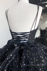 Bling Bling V Neck High Low Black Long Semi Formal Prom Dresses, Fluffy Black Formal Evening Dresses, Ball Gown