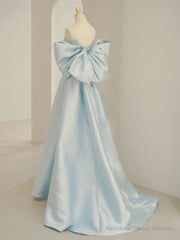 Blue A-Line Satin Long Prom Dresses, Blue Satin Evening Dresses