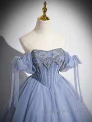 Blue A-Line Tulle Beads Long Semi Formal Prom Dress, Blue Long Formal Dress