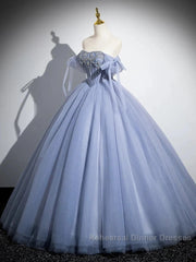 Blue A-Line Tulle Beads Long Semi Formal Prom Dress, Blue Long Formal Dress