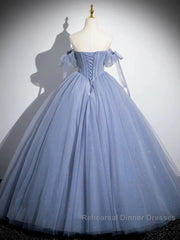 Blue A-Line Tulle Beads Long Semi Formal Prom Dress, Blue Long Formal Dress