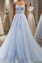 Blue A line tulle lace long Semi Formal Prom Dresses blue lace formal Dresses