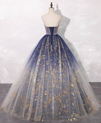 Blue A line Tulle Lace Long Prom Dress, Tulle Formal Blue Graduation Dresses