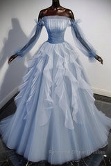 Blue A-Line Tulle Lace Long Semi Formal Prom Dresses, Blue Formal Evening Dresses
