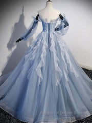Blue A-Line Tulle Lace Long Semi Formal Prom Dresses, Blue Formal Evening Dresses