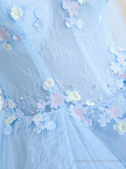 Blue A-Line Tulle Lace Long Prom Dresses, Blue Lace Formal Evening Dresses