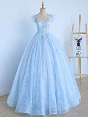 Blue A-Line Tulle Lace Long Prom Dresses, Blue Lace Formal Evening Dresses
