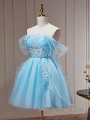 Blue A-line Tulle Short Semi Formal Prom Dresses, Blue Homecoming Dresses