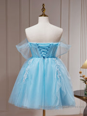 Blue A-line Tulle Short Semi Formal Prom Dresses, Blue Homecoming Dresses
