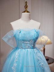 Blue A-line Tulle Short Semi Formal Prom Dresses, Blue Homecoming Dresses