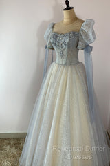 Blue And Champagne Tulle Beaded Shiny Tulle Semi Formal Prom Dresses, A-Line Long Party Dresses
