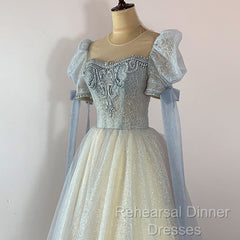 Blue And Champagne Tulle Beaded Shiny Tulle Semi Formal Prom Dresses, A-Line Long Party Dresses