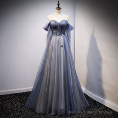 Blue and Grey Tulle Long Sweetheart  Party Dress, Tulle A-line Formal Dress