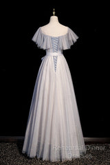 Blue And Pink Beaded Tulle Lovely A-Line Long Party Dress, Tulle Evening Dresses Semi Formal Prom Dresses