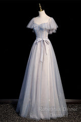 Blue And Pink Beaded Tulle Lovely A-Line Long Party Dress, Tulle Evening Dresses Semi Formal Prom Dresses