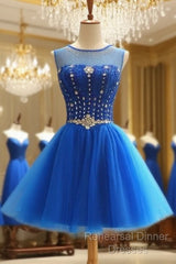 Blue Beaded Tulle Short Cute Homecoming Dress, Blue Short Party Dress Semi Formal Prom Dress