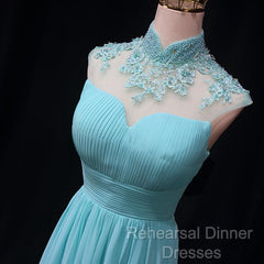 Blue Chiffon Lace And Beaded Cap Sleeves Semi Formal Prom Party Dress, A-Line Chiffon Formal Dress