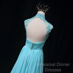 Blue Chiffon Lace And Beaded Cap Sleeves Semi Formal Prom Party Dress, A-Line Chiffon Formal Dress