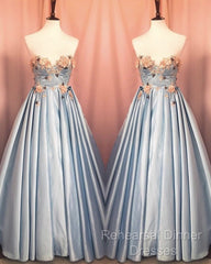Blue Corset Long Satin Dresses With 3D Flowers