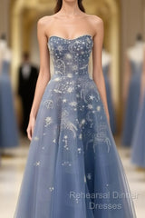 Blue Embroidery Tulle Dress