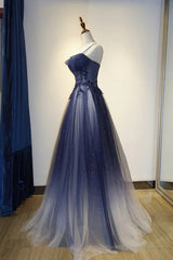 Blue Gradient A-line Tulle Long Formal Dresses Graduation Dress Woman