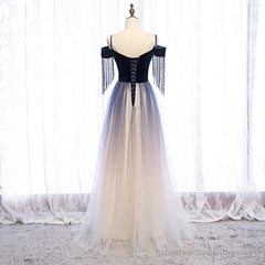Blue Gradient Tulle Long Party Dresses,A-line Off Shoulder Formal Dresses