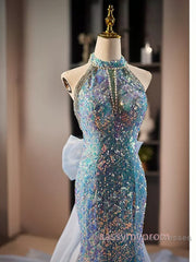 Blue Halter Beading Sequin Mermaid Semi Formal Prom Dress With Detachable Bow