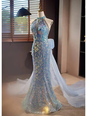 Blue Halter Beading Sequin Mermaid Semi Formal Prom Dress With Detachable Bow